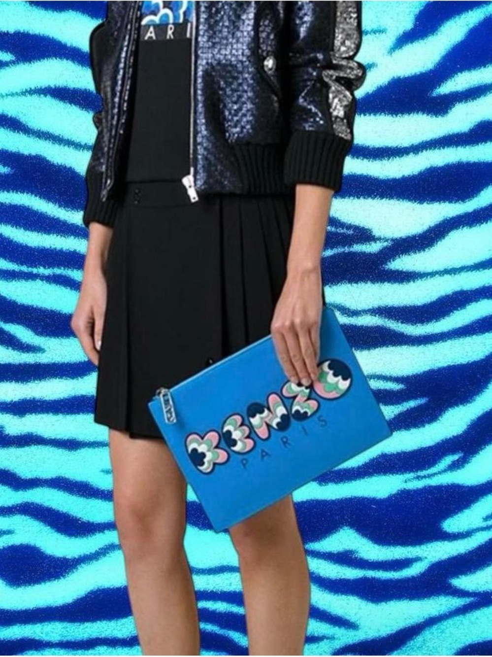 Kenzo Blue Graphic Logo Zip Clutch